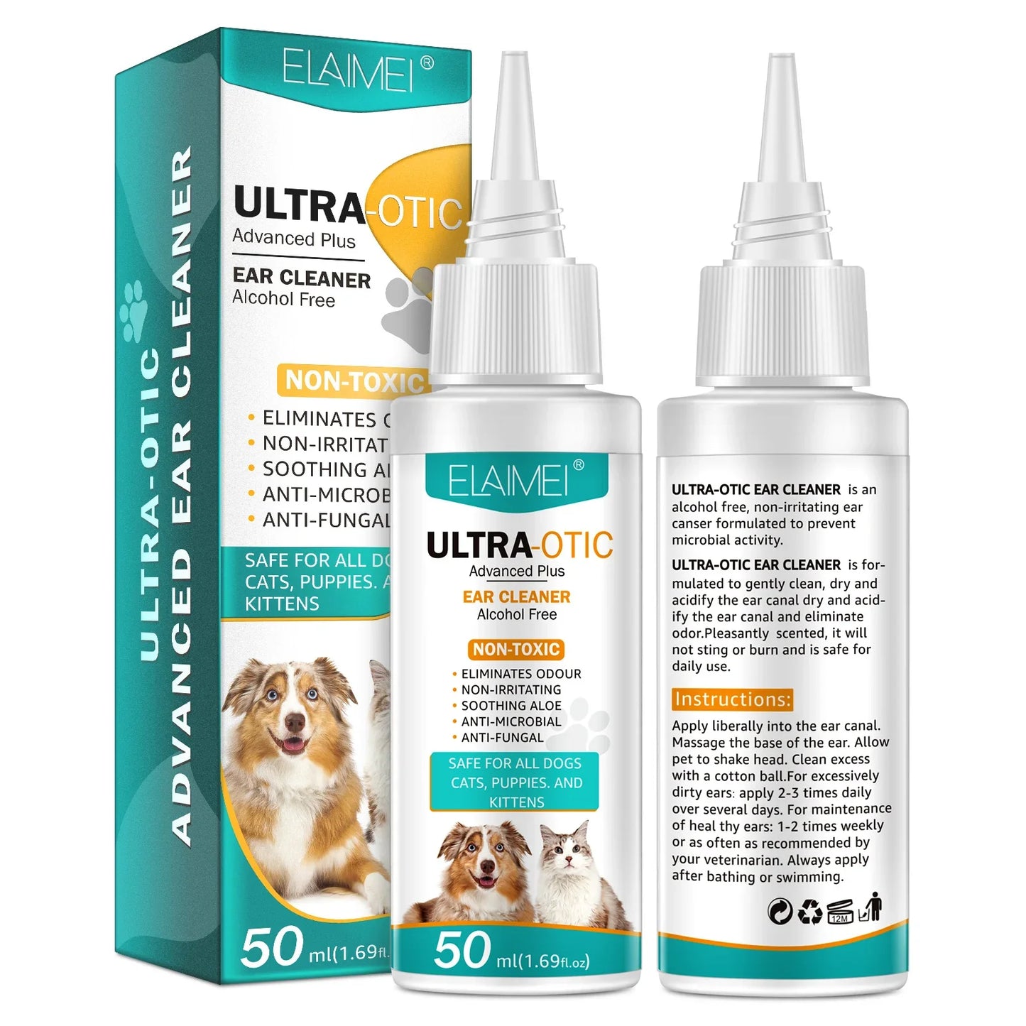 Pet ear cleaner for dogs and cats, non-toxic alcohol-free formula with box and bottle.