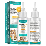 Pet ear cleaner for dogs and cats, non-toxic alcohol-free formula with box and bottle.
