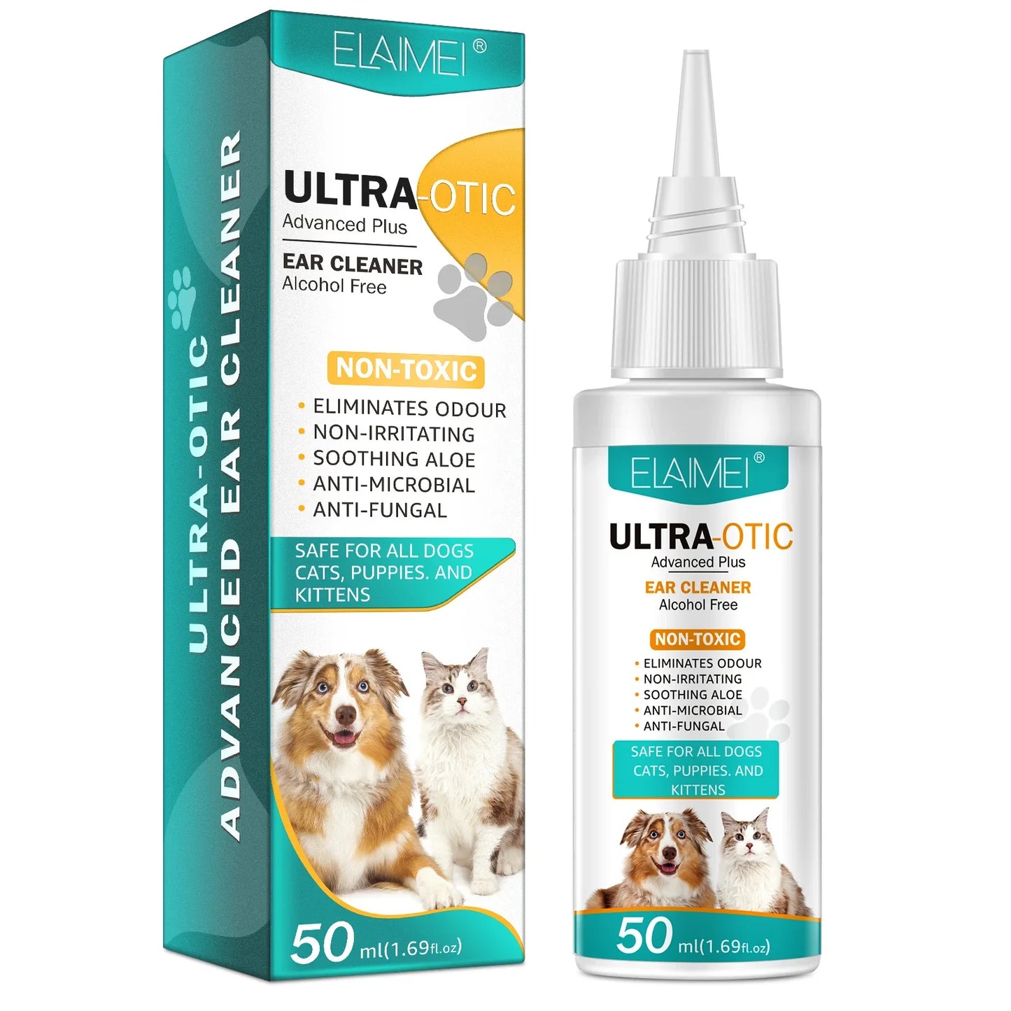 Pet ear cleaner bottle and box for dogs, cats, puppies, and kittens with product details visible