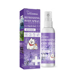 Pet deodorizing body spray for dogs and cats in purple packaging, 50ml bottle and box shown
