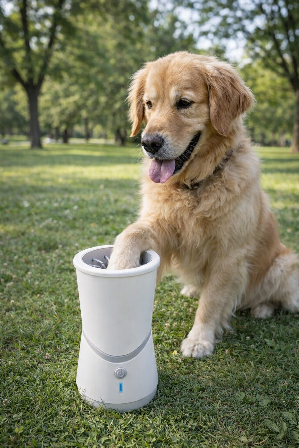 A golden retriever sits on grass with one paw in the Electric Pet Paw Washer, looking happy with its tongue out. Trees and greenery are visible in the background.