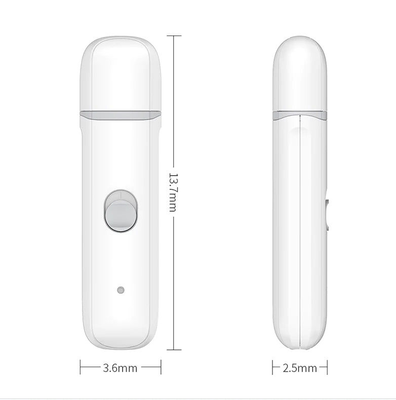 The Pawbby Pet Nail Grinder is a white, cylindrical electric nail clipper shown from front and side angles, with labeled dimensions: 137.7mm tall, 36.6mm wide, and 25mm deep. It features a front button and indicator light.