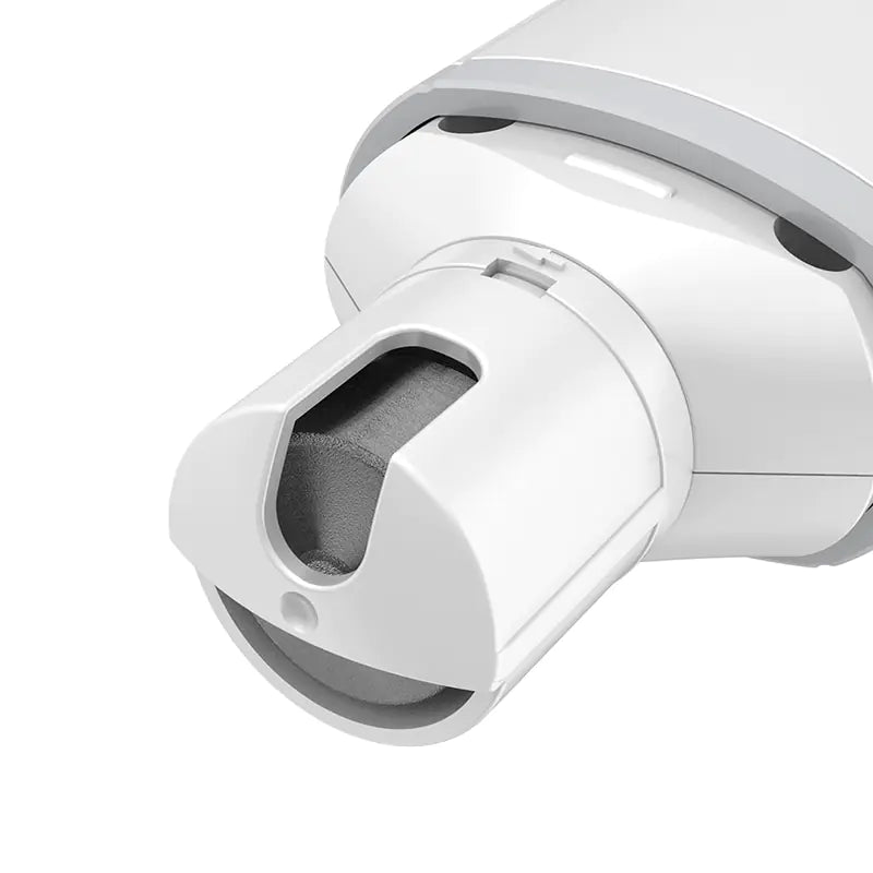 Close-up of the Pawbby Pet Nail Grinder, a white, cylindrical device with a partially open compartment showing a dark gray interior. Its design is sleek and modern, featuring smooth, rounded edges.