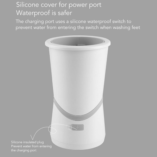 The Electric Pet Paw Washer is a white, cylindrical automatic paw cleaner with a silicone-covered power port. Its waterproof design keeps the charging port dry, ensuring safe and reliable use during cleaning sessions.