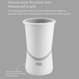 The Electric Pet Paw Washer is a white, cylindrical automatic paw cleaner with a silicone-covered power port. Its waterproof design keeps the charging port dry, ensuring safe and reliable use during cleaning sessions.