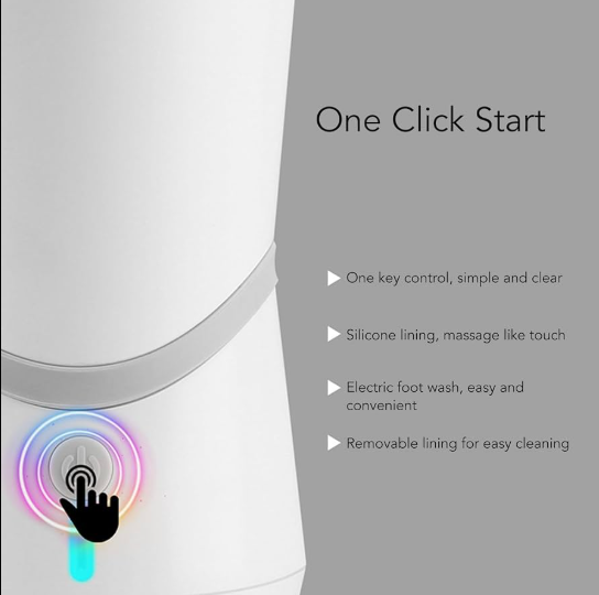 Partial view of the Electric Pet Paw Washer, a white device with a glowing touch button and hand icon. Features include motorized silicone bristles, one-click start, removable lining for easy cleaning, and electric operation.