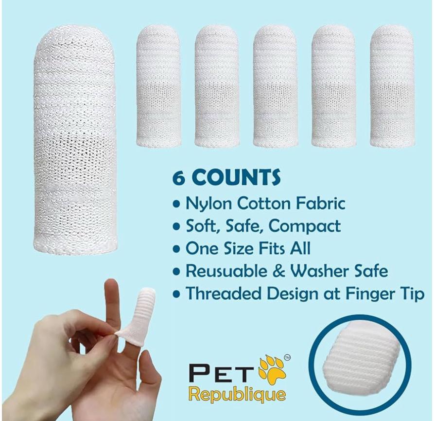 Six white pet grooming finger toothbrushes, nylon cotton, washable, soft, reusable, one size.
