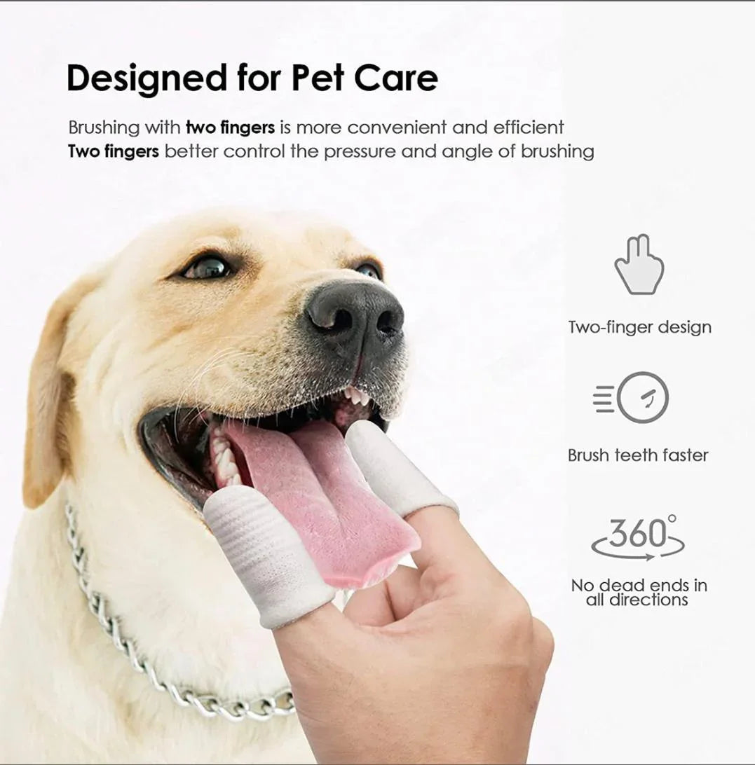 Person using two-finger pet toothbrush to clean dog's teeth, showcasing easy pet dental care.