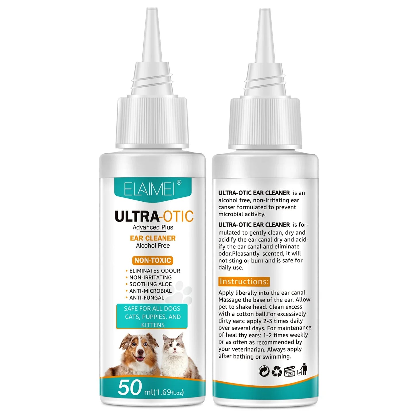 Pet ear cleaner bottle labeled 'ULTRA-OTIC' for dogs, cats, puppies, and kittens, 50ml size.