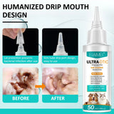 Pet ear cleaner bottle with drip nozzle design, before and after pet ear cleaning results