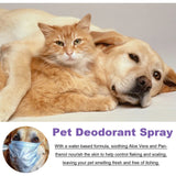 Orange cat and yellow dog cuddling, with pet deodorant spray product information below.