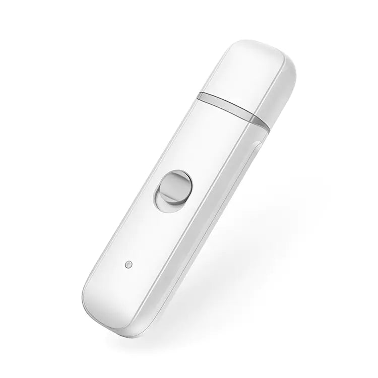 The Pawbby Pet Nail Grinder is a sleek, white handheld device with a rounded top, central circular button, and small indicator light—ideal for safely trimming cat and dog nails.