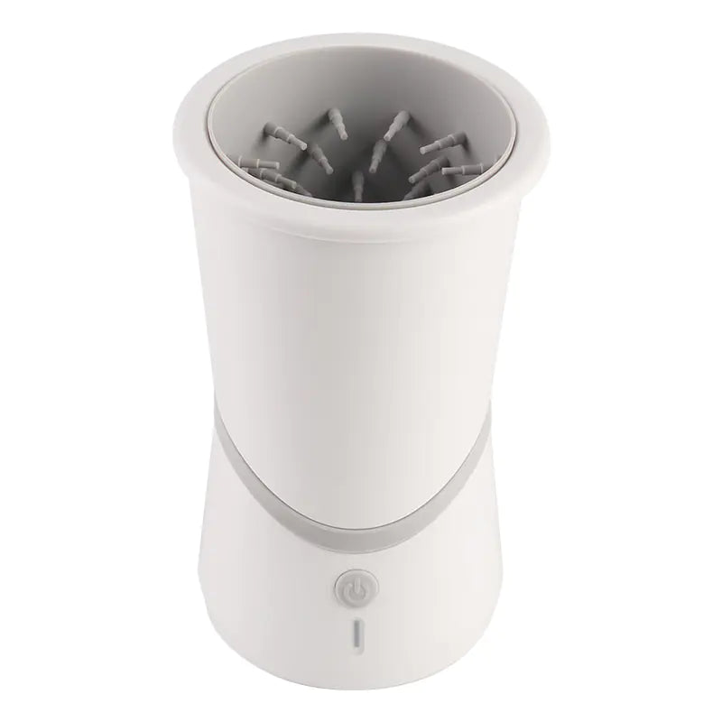 The Electric Pet Paw Washer is a white cylindrical device featuring motorized silicone bristles inside and a front power button, designed for automatic cleaning of pet paws.